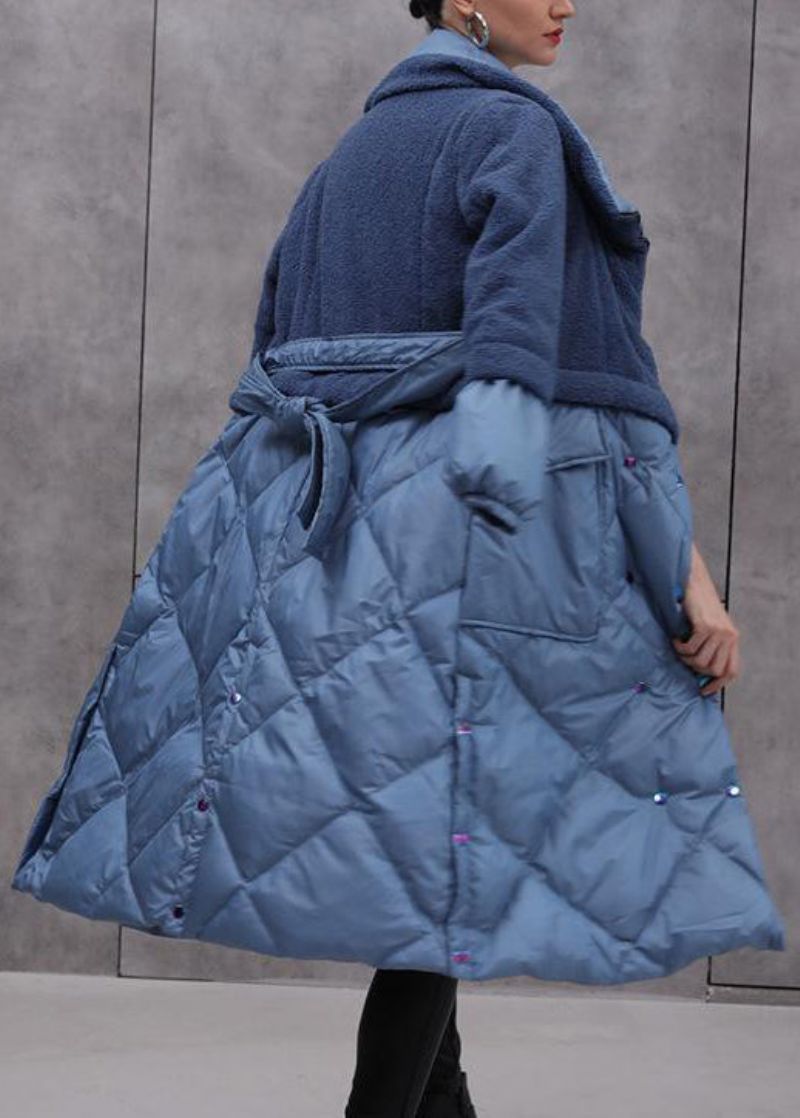 Stijlvolle Blauwe Eendendonsjas Met Ritssluiting In De Taille En Patchwork Winter - Dames winterjassen