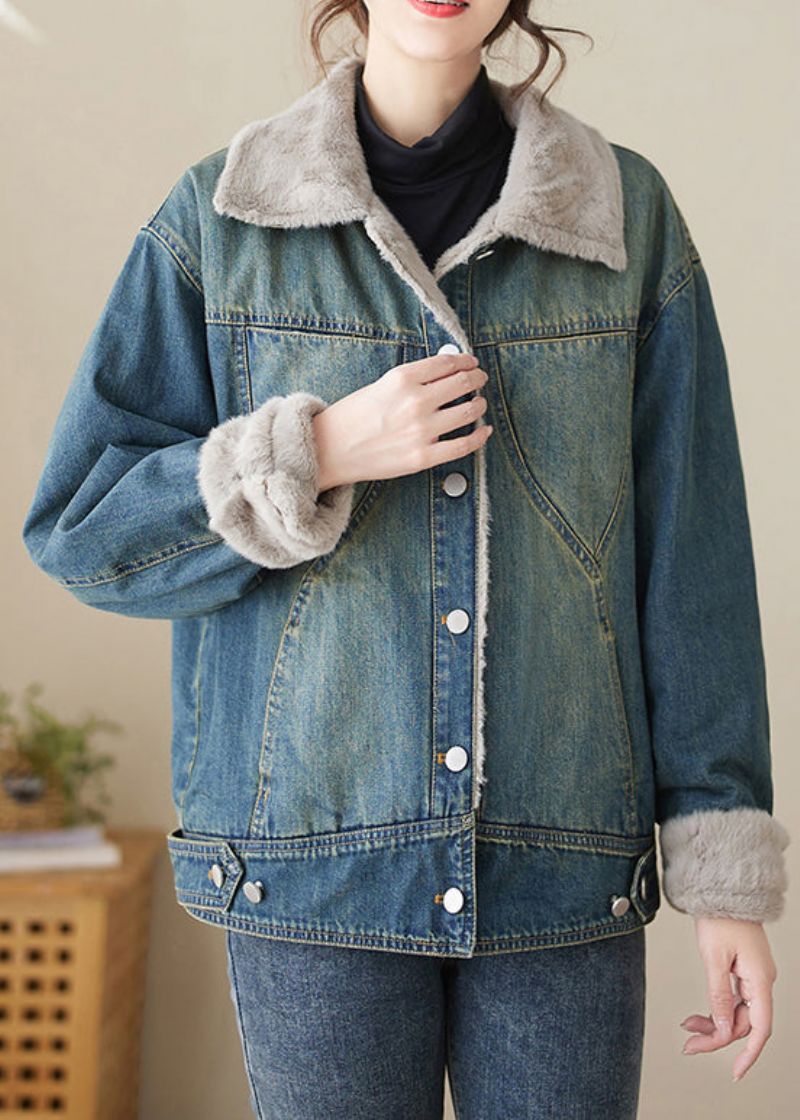 Stijlvolle Blauwe Peter Pan-kraag Patchwork Warme Fleece Denimjassen Winter - Dames winterjassen