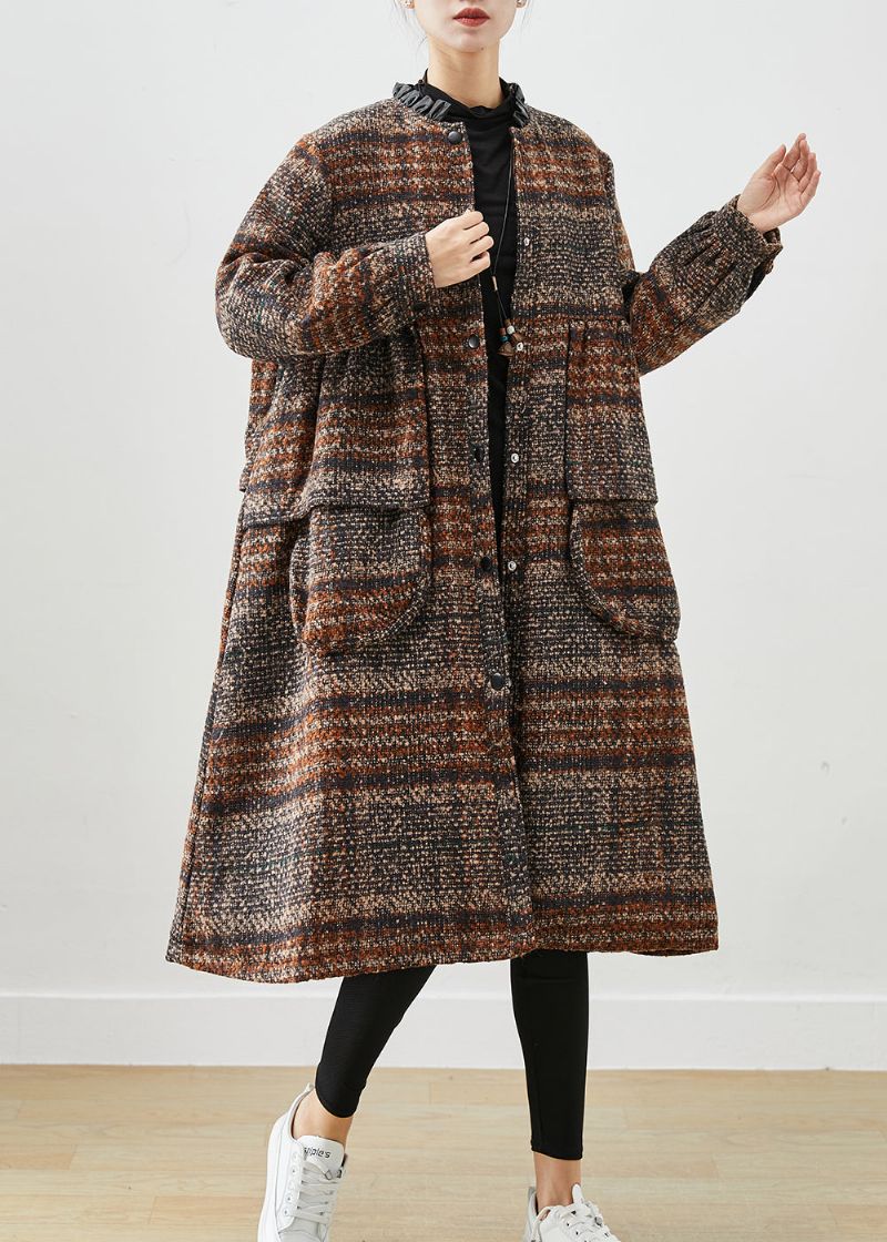 Stijlvolle Bruine O-hals Oversized Dikke Wollen Jassen Herfst - Dames winterjassen