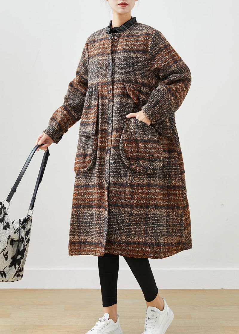 Stijlvolle Bruine O-hals Oversized Dikke Wollen Jassen Herfst - Dames winterjassen