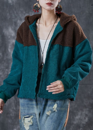 Stijlvolle Groene Capuchon Patchwork Warme Fleece Jassen Winter