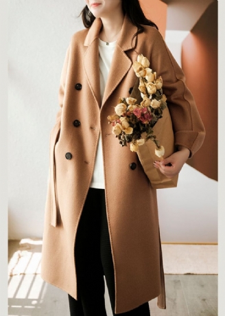 Stijlvolle Licht Camelkleurige Oversized Wollen Trenchcoats Met Dubbele Rij Knopen Winter