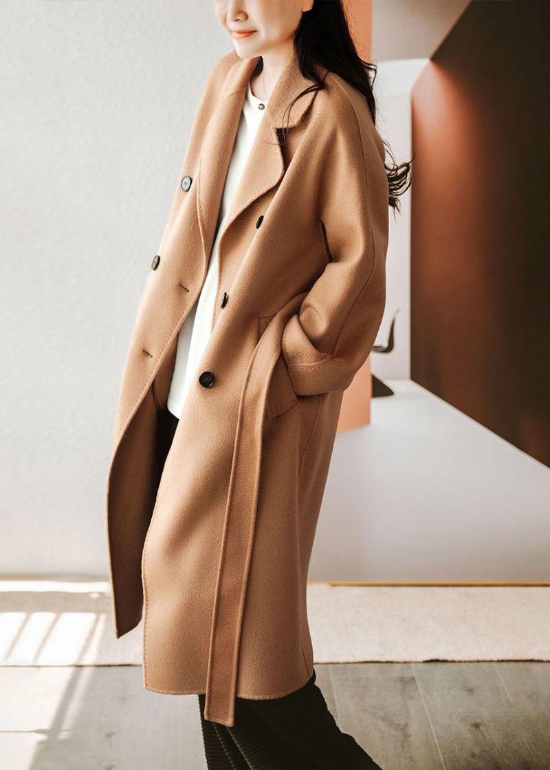 Stijlvolle Licht Camelkleurige Oversized Wollen Trenchcoats Met Dubbele Rij Knopen Winter - Dames winterjassen