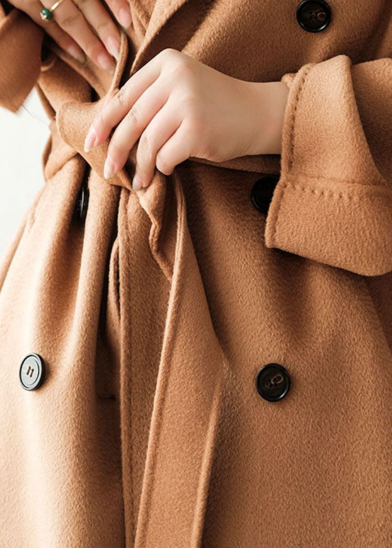 Stijlvolle Licht Camelkleurige Oversized Wollen Trenchcoats Met Dubbele Rij Knopen Winter - Dames winterjassen