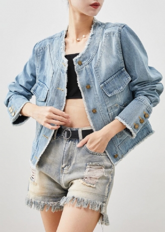 Stijlvolle Lichtblauwe Silm Fit Denim Jas Uitloper Lente