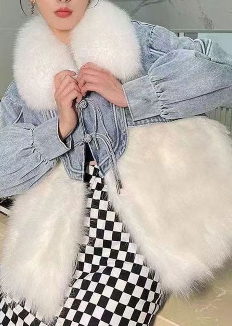 Stijlvolle Witte Kwastjes Denim Patchwork Pluizig Bont Pluizige Jas Winter - Dames winterjassen