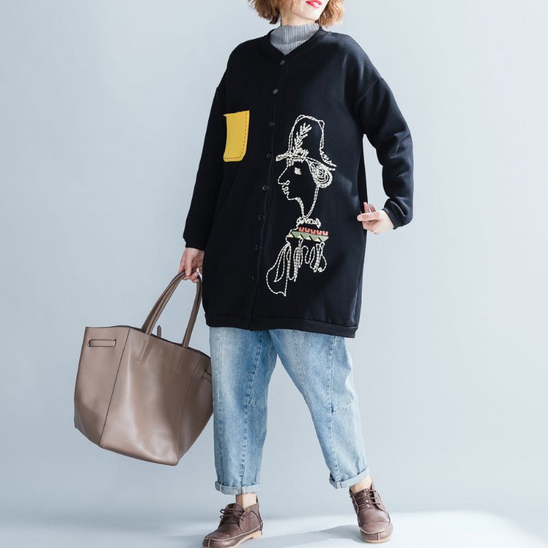 Stijlvolle Zwarte Katoenen Tops Oversized O-hals Natuurlijke Pulloverprint Button-down T-shirt - Dames winterjassen