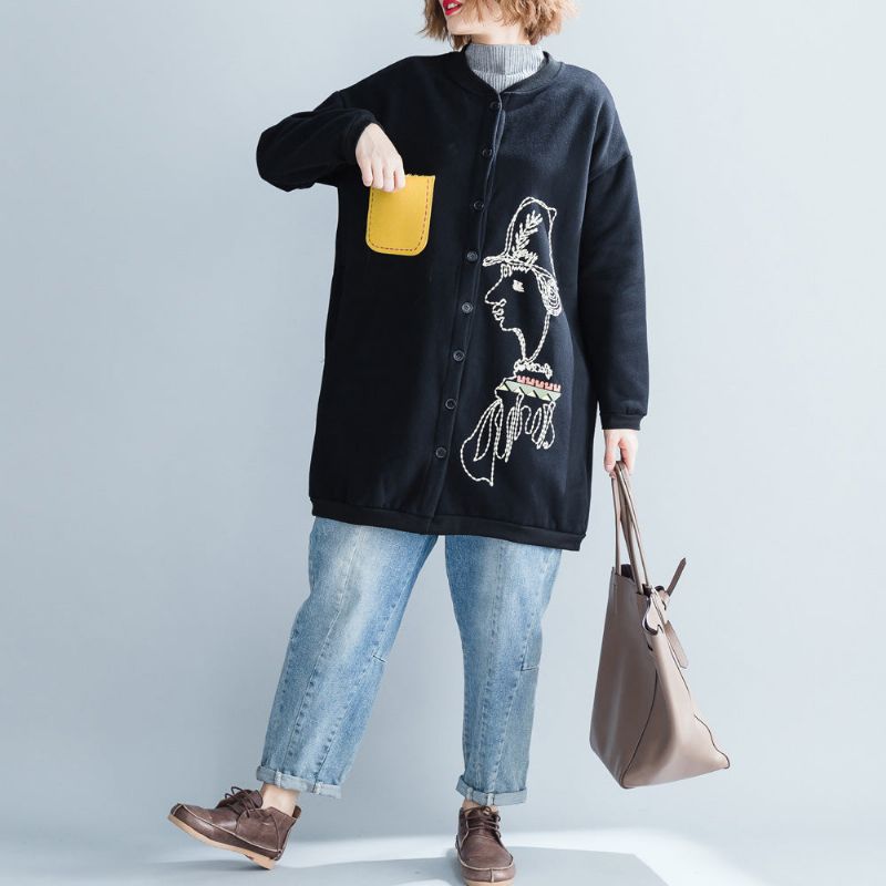 Stijlvolle Zwarte Katoenen Tops Oversized O-hals Natuurlijke Pulloverprint Button-down T-shirt - Dames winterjassen