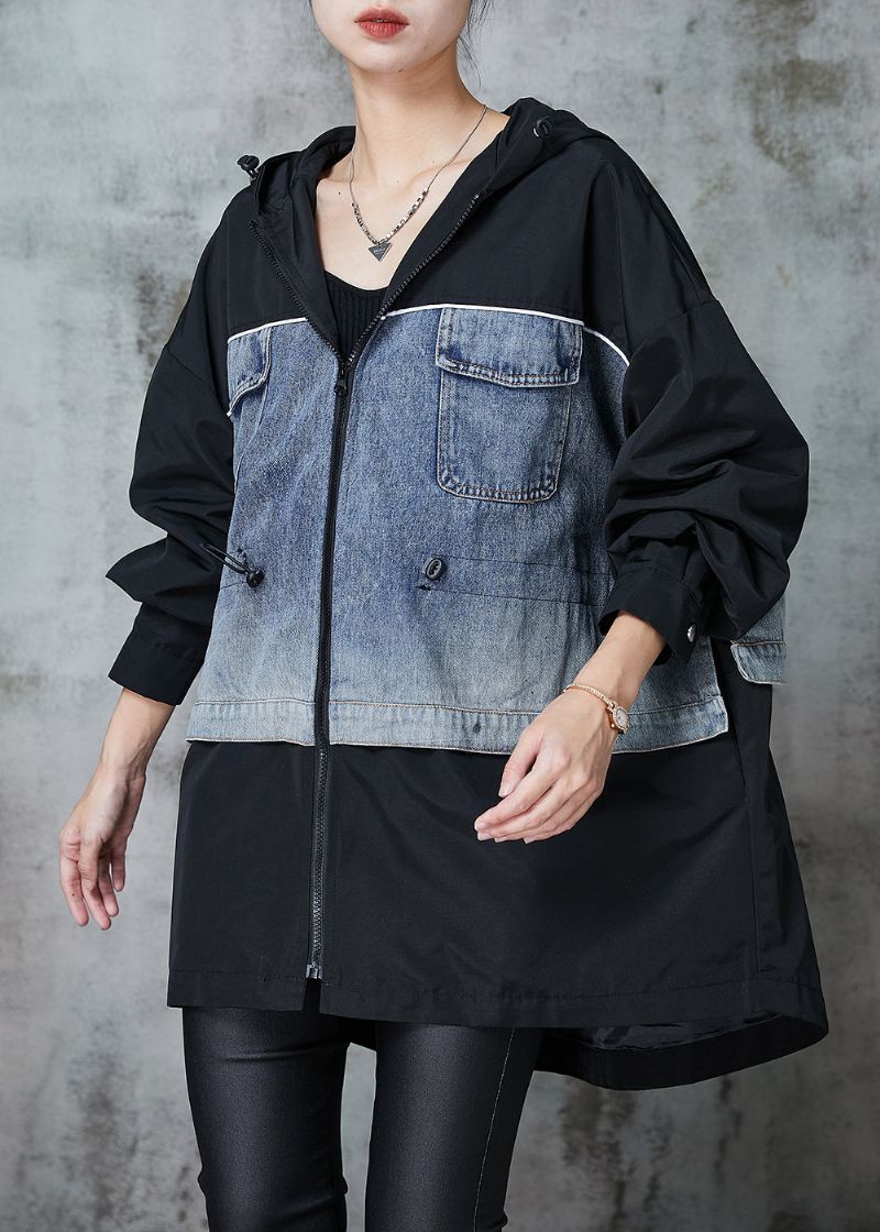 Stijlvolle Zwarte Oversized Katoenen Jas Met Patchwork En Trekkoord Lente - Dames winterjassen