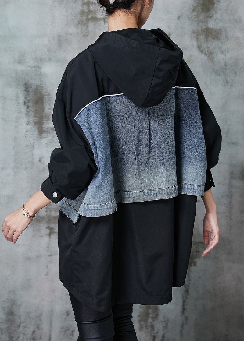 Stijlvolle Zwarte Oversized Katoenen Jas Met Patchwork En Trekkoord Lente - Dames winterjassen