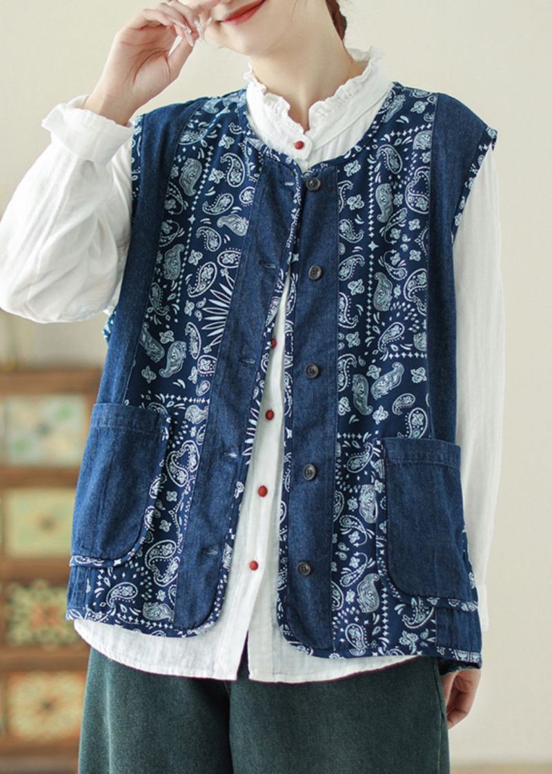 Uniek Denimblauw Gilet Met O-hals En Zakken Met Print Lente