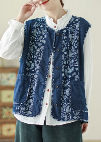 Uniek Denimblauw Gilet Met O-hals En Zakken Met Print Lente