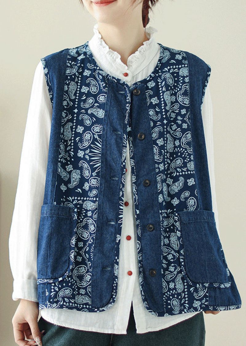 Uniek Denimblauw Gilet Met O-hals En Zakken Met Print Lente - Dames winterjassen