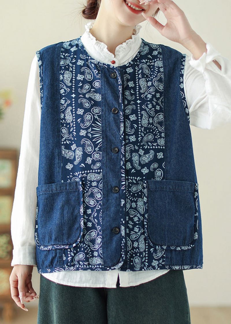 Uniek Denimblauw Gilet Met O-hals En Zakken Met Print Lente - Dames winterjassen