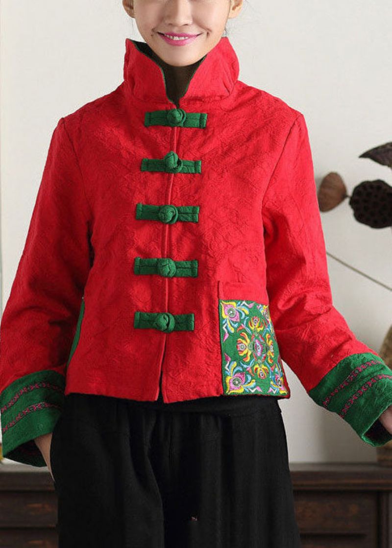 Unieke Groene Opstaande Kraag Geborduurd Patchwork Katoen Chinese Stijl Jassen Lente - Dames winterjassen