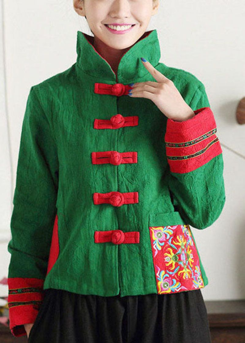 Unieke Groene Opstaande Kraag Geborduurd Patchwork Katoen Chinese Stijl Jassen Lente - Dames winterjassen