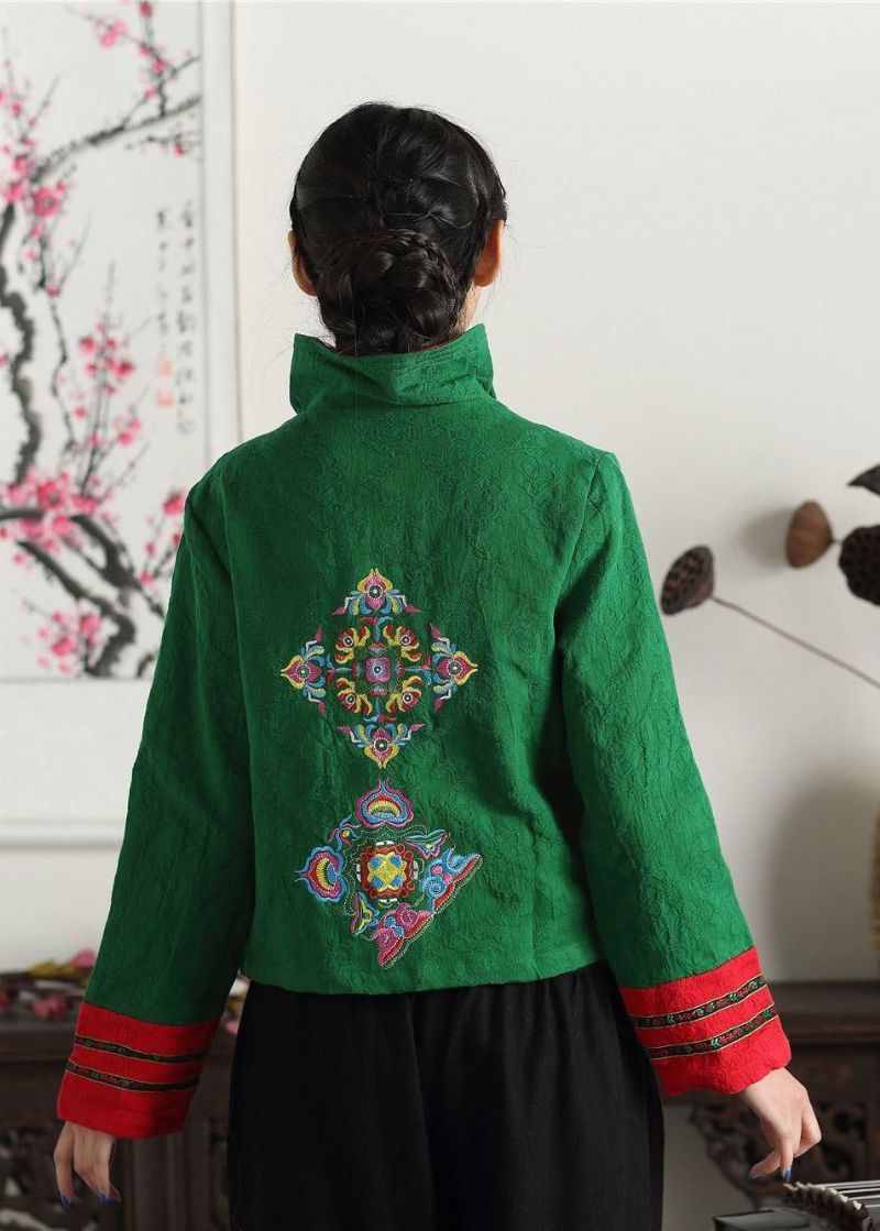 Unieke Groene Opstaande Kraag Geborduurd Patchwork Katoen Chinese Stijl Jassen Lente - Dames winterjassen