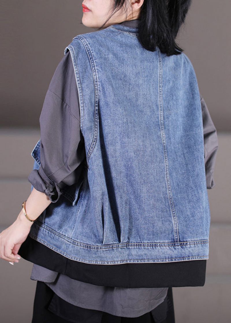 Unieke Lichtblauwe V-hals Patchwork Zakken Nep Tweedelige Denim Vest Zonder Mouwen - Lichtblauw