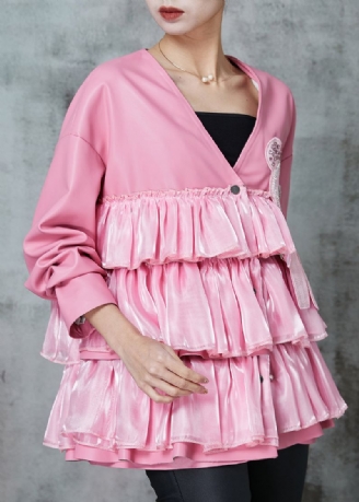 Unieke Roze Oversized Patchwork Kunstleren Jas Lente