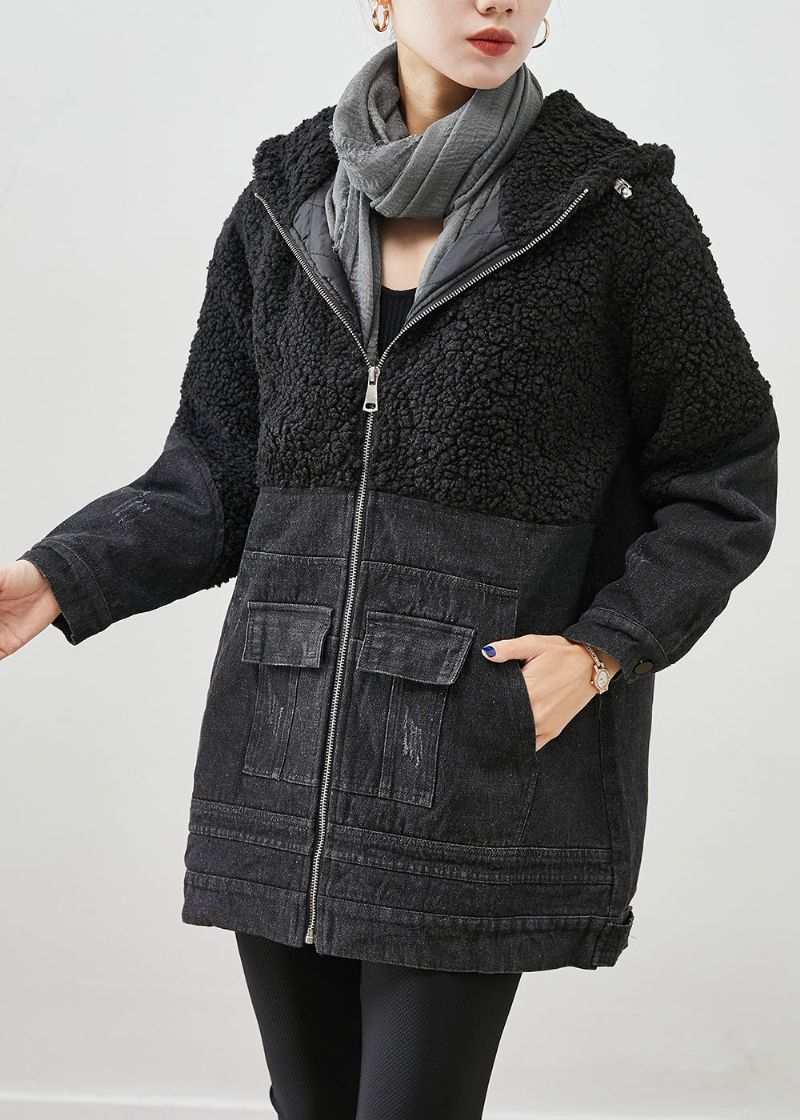 Unieke Zwarte Capuchon Patchwork Wollen Denim Fijn Katoen Gevulde Jassen Winter - Dames winterjassen