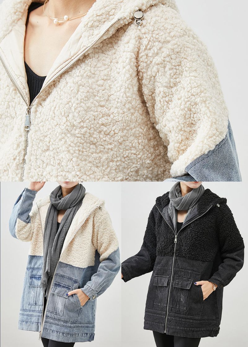 Unieke Zwarte Capuchon Patchwork Wollen Denim Fijn Katoen Gevulde Jassen Winter - Dames winterjassen