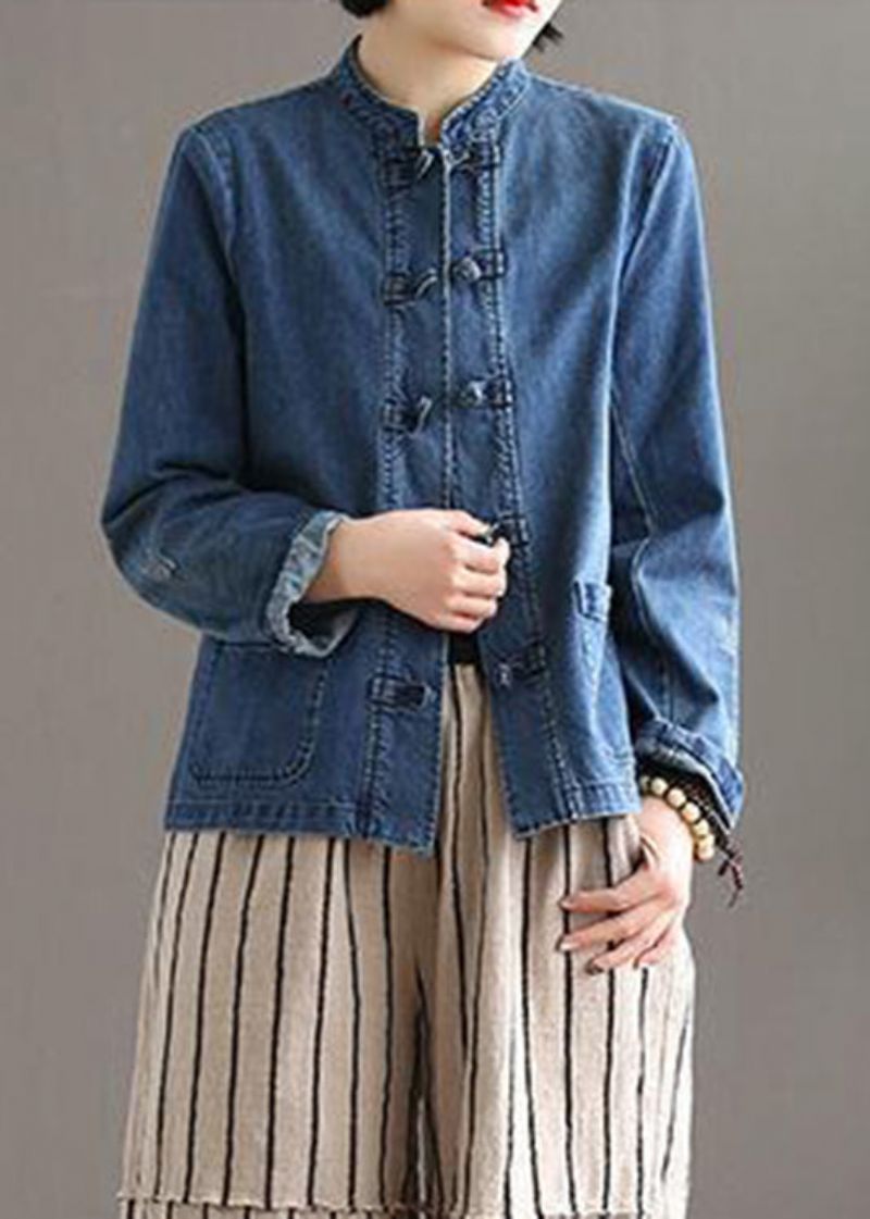 Vintage Blauwe Opstaande Kraag Patchwork Knoopzakken Katoenen Denim Jas Met Lange Mouwen - Dames winterjassen