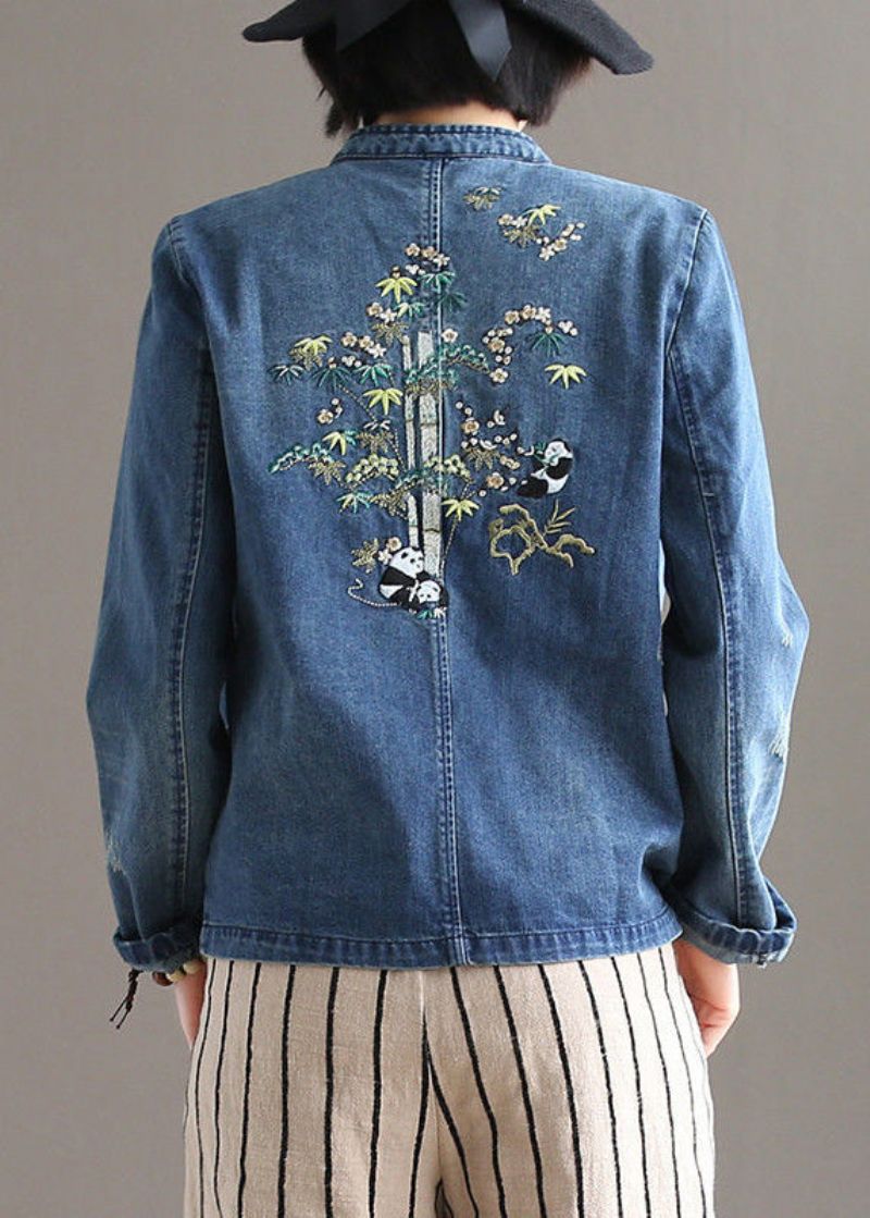 Vintage Blauwe Opstaande Kraag Patchwork Knoopzakken Katoenen Denim Jas Met Lange Mouwen - Dames winterjassen