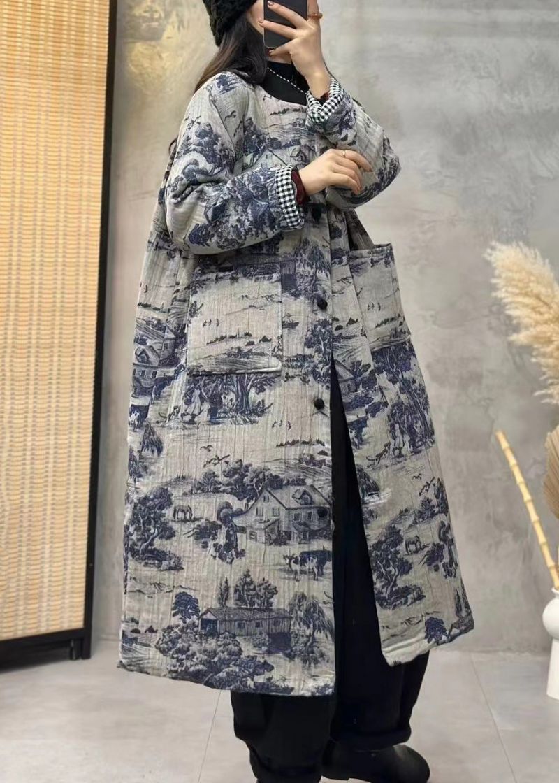 Vintage Blauwe Print Zakken Katoen Gevulde Lange Trenchcoat Met Mouwen