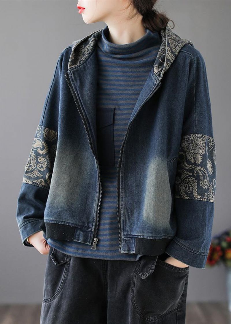 Vintage Blauwe V-hals Print Patchwork Katoenen Denim Jas Met Lange Mouwen En Ritssluiting