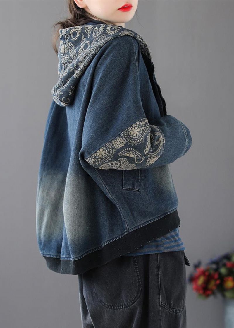 Vintage Blauwe V-hals Print Patchwork Katoenen Denim Jas Met Lange Mouwen En Ritssluiting - Dames winterjassen