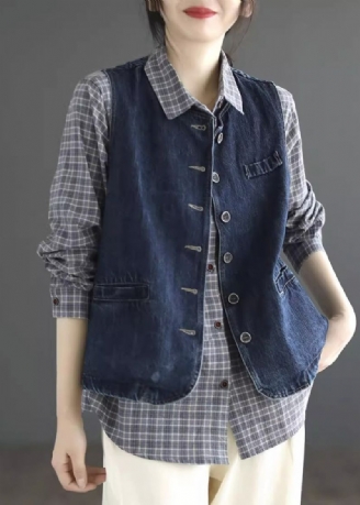 Vintage Donkerblauw O-hals Zakken Denim Vest Zonder Mouwen