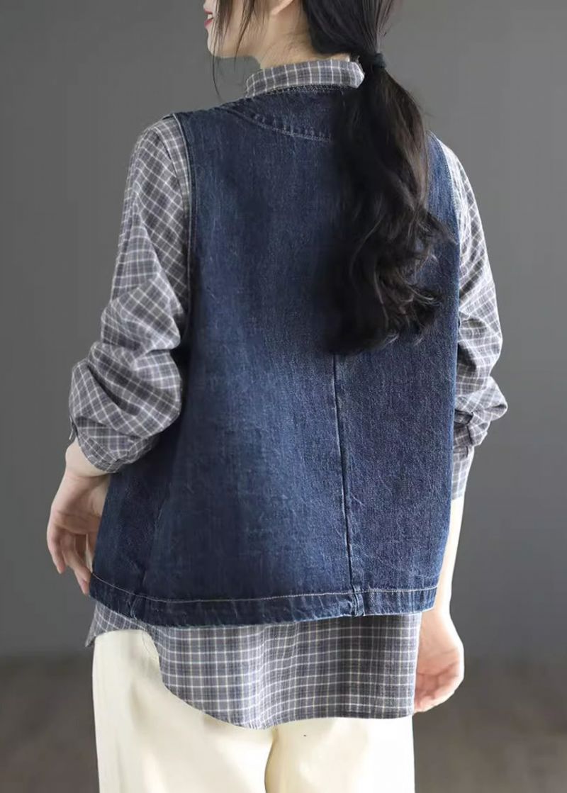 Vintage Donkerblauw O-hals Zakken Denim Vest Zonder Mouwen - Donkerblauw