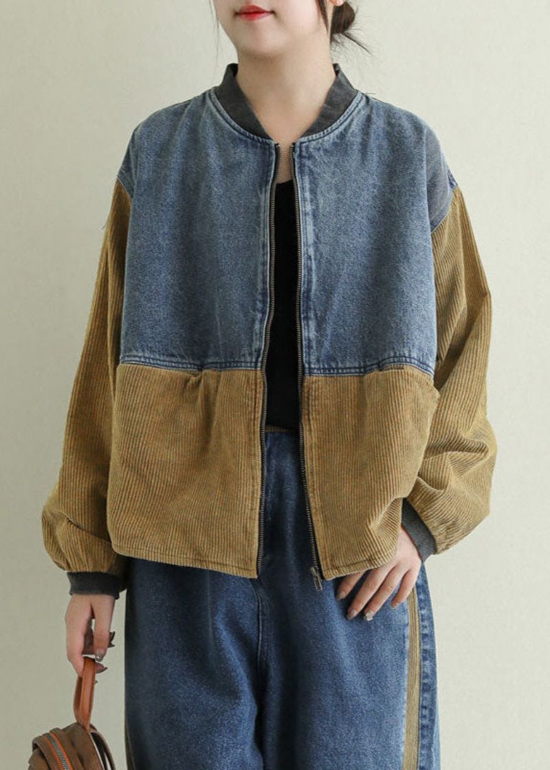 Vintage Kaki Corduroy Patchwork Denim Jas Met Lange Mouwen En Ritssluiting