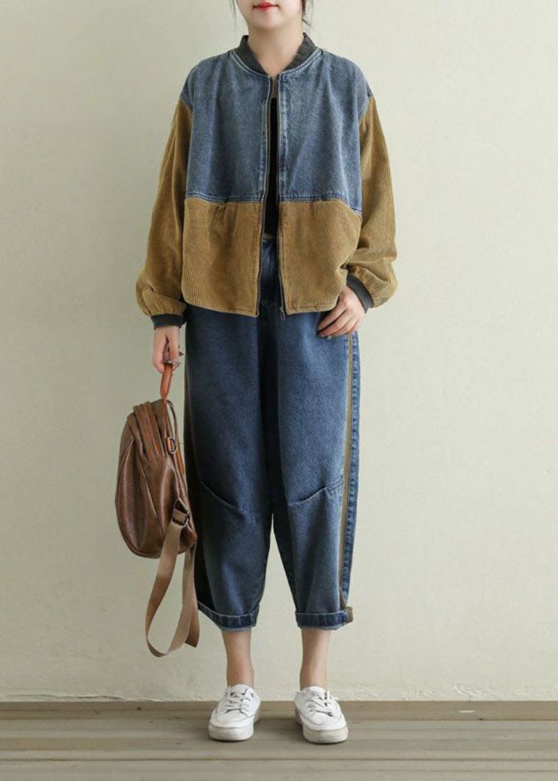 Vintage Kaki Corduroy Patchwork Denim Jas Met Lange Mouwen En Ritssluiting - Kaki