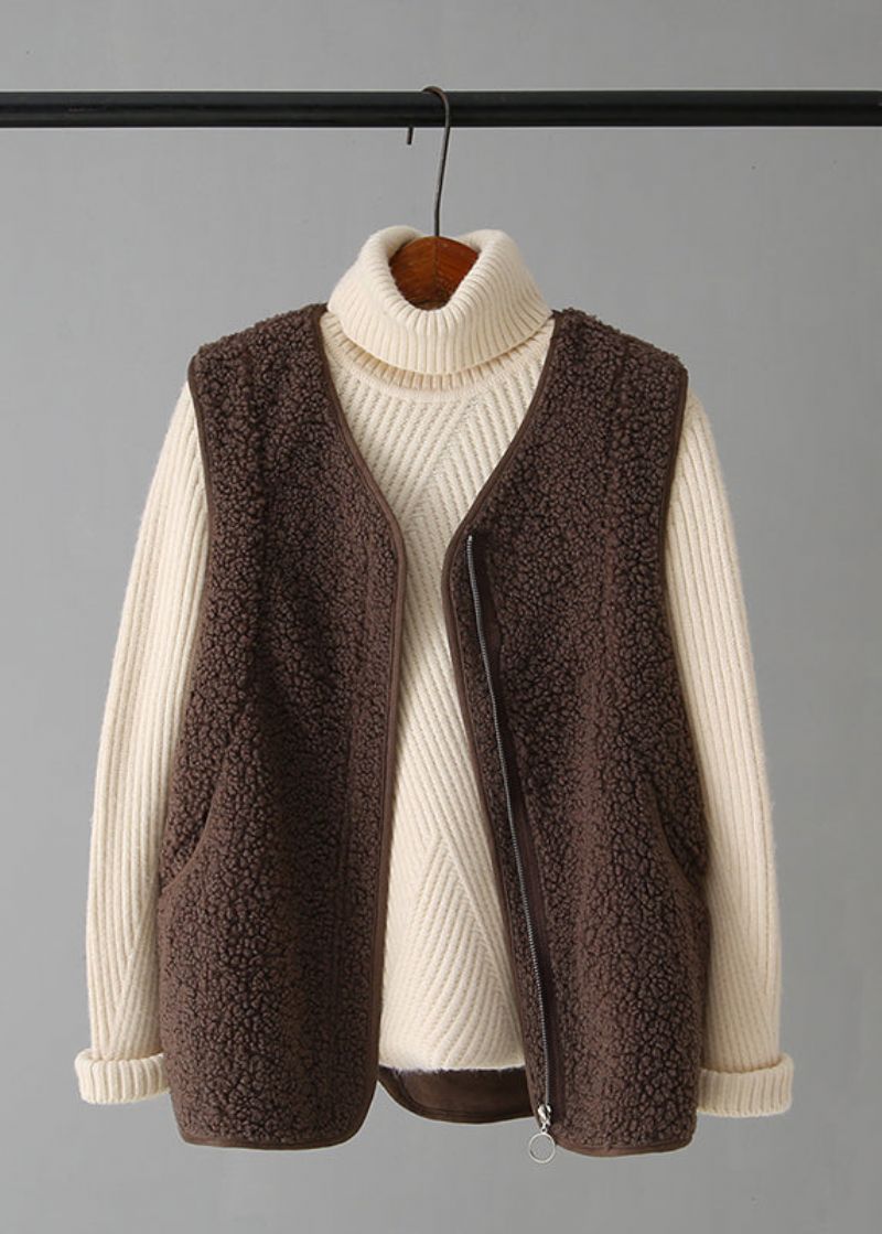 Vintage Koffie Gilet Met V-hals En Ritssluiting Van Imitatiebont Herfst