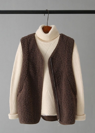 Vintage Koffie Gilet Met V-hals En Ritssluiting Van Imitatiebont Herfst