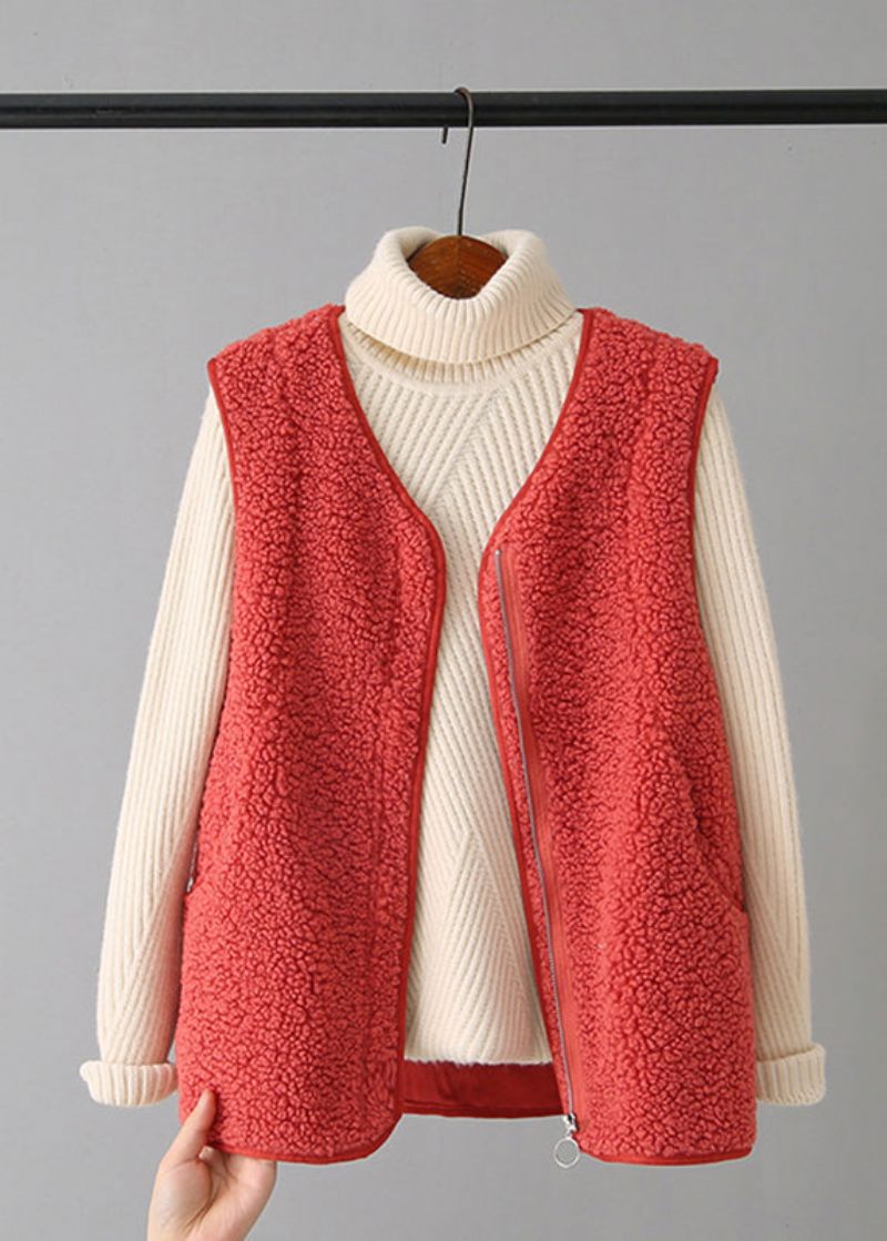 Vintage Koffie Gilet Met V-hals En Ritssluiting Van Imitatiebont Herfst - Koffie