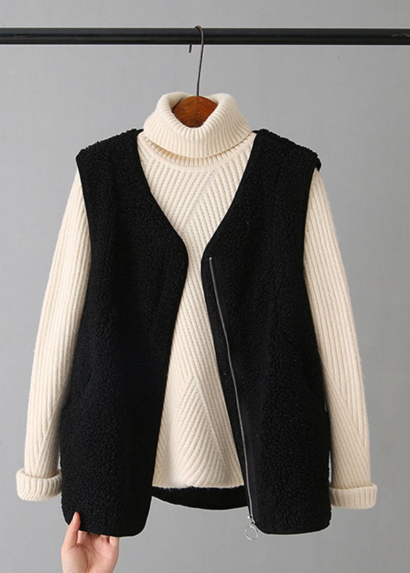 Vintage Koffie Gilet Met V-hals En Ritssluiting Van Imitatiebont Herfst - Koffie