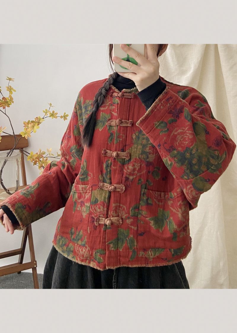 Vintage Oranje Print Zakken Chinese Knop Patchwork Katoenen Jas Herfst - Dames winterjassen