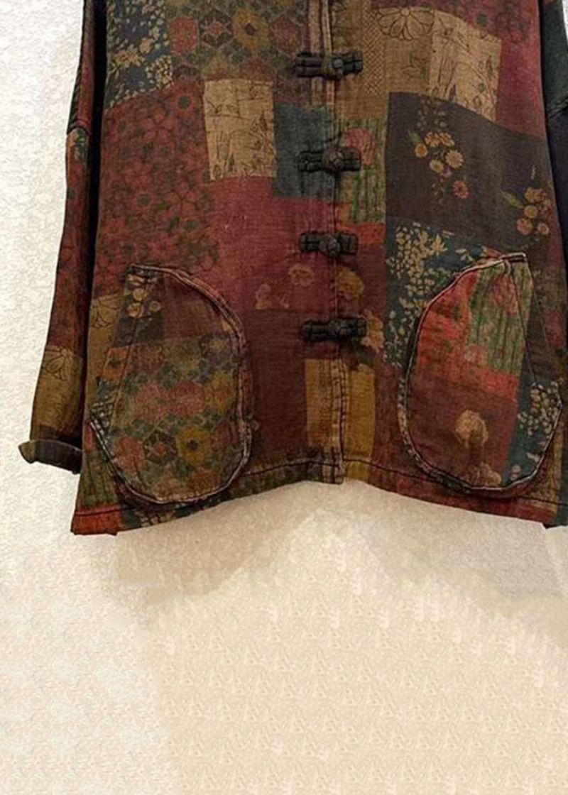 Vintage Print Knoop Patchwork Katoenen Jas Met Lange Mouwen - Dames winterjassen