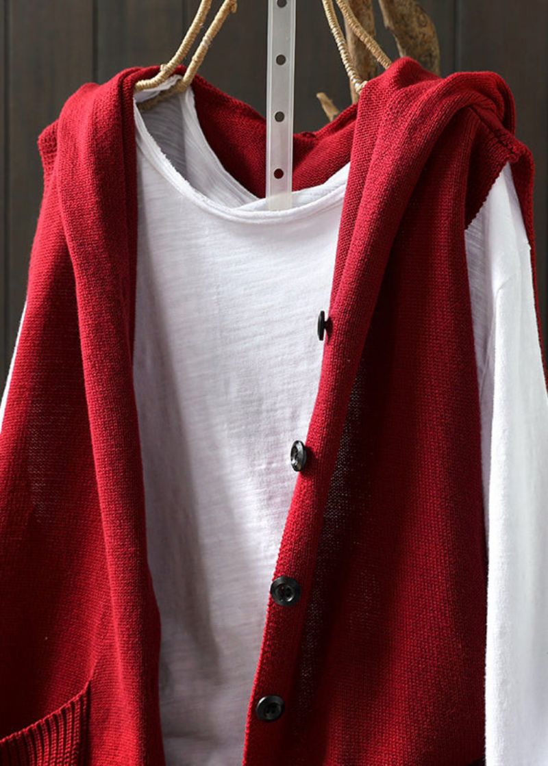 Vintage Rode Knop Gebreide Katoenen Draad Hoodie Vest Herfst - Rood