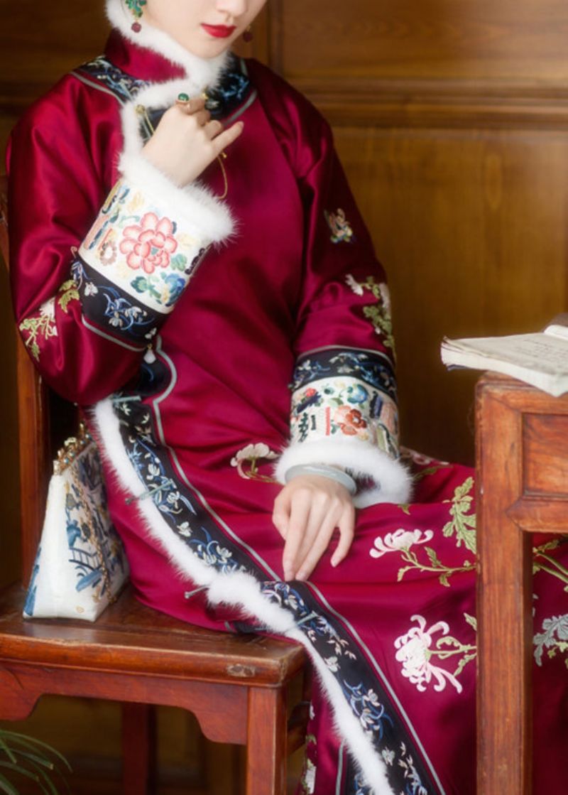 Vintage Rode Namaakbontkraag Geborduurde Knoop Aan De Zijkant Open Dikke Zijden Cheongsam Lange Mouw - Dames winterjassen