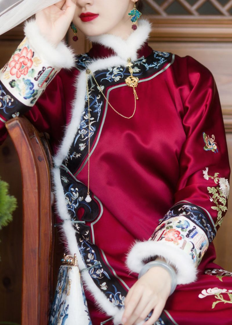 Vintage Rode Namaakbontkraag Geborduurde Knoop Aan De Zijkant Open Dikke Zijden Cheongsam Lange Mouw - Dames winterjassen