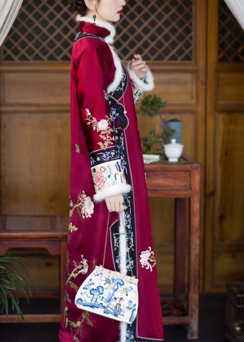 Vintage Rode Namaakbontkraag Geborduurde Knoop Aan De Zijkant Open Dikke Zijden Cheongsam Lange Mouw - Dames winterjassen