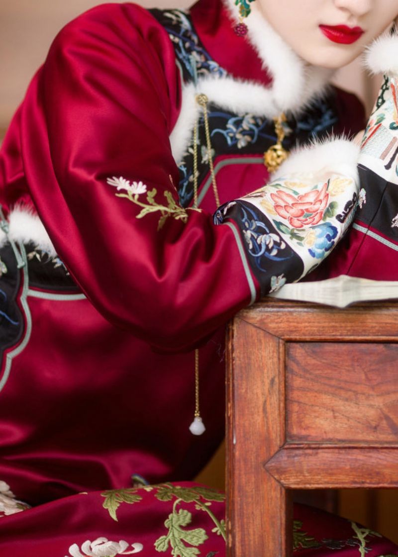 Vintage Rode Namaakbontkraag Geborduurde Knoop Aan De Zijkant Open Dikke Zijden Cheongsam Lange Mouw - Dames winterjassen