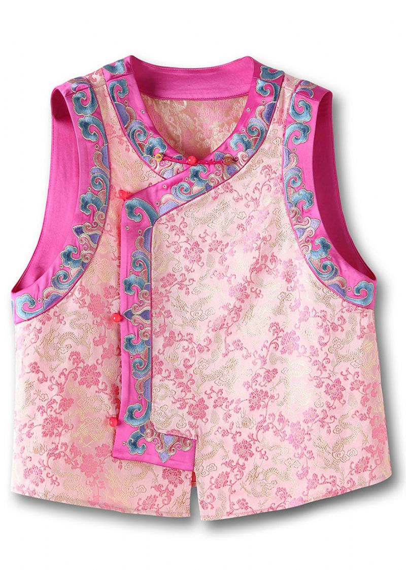 Vintage Roze Geborduurd Knoop-patchwork Zijden Vest Zonder Mouwen - Dames winterjassen