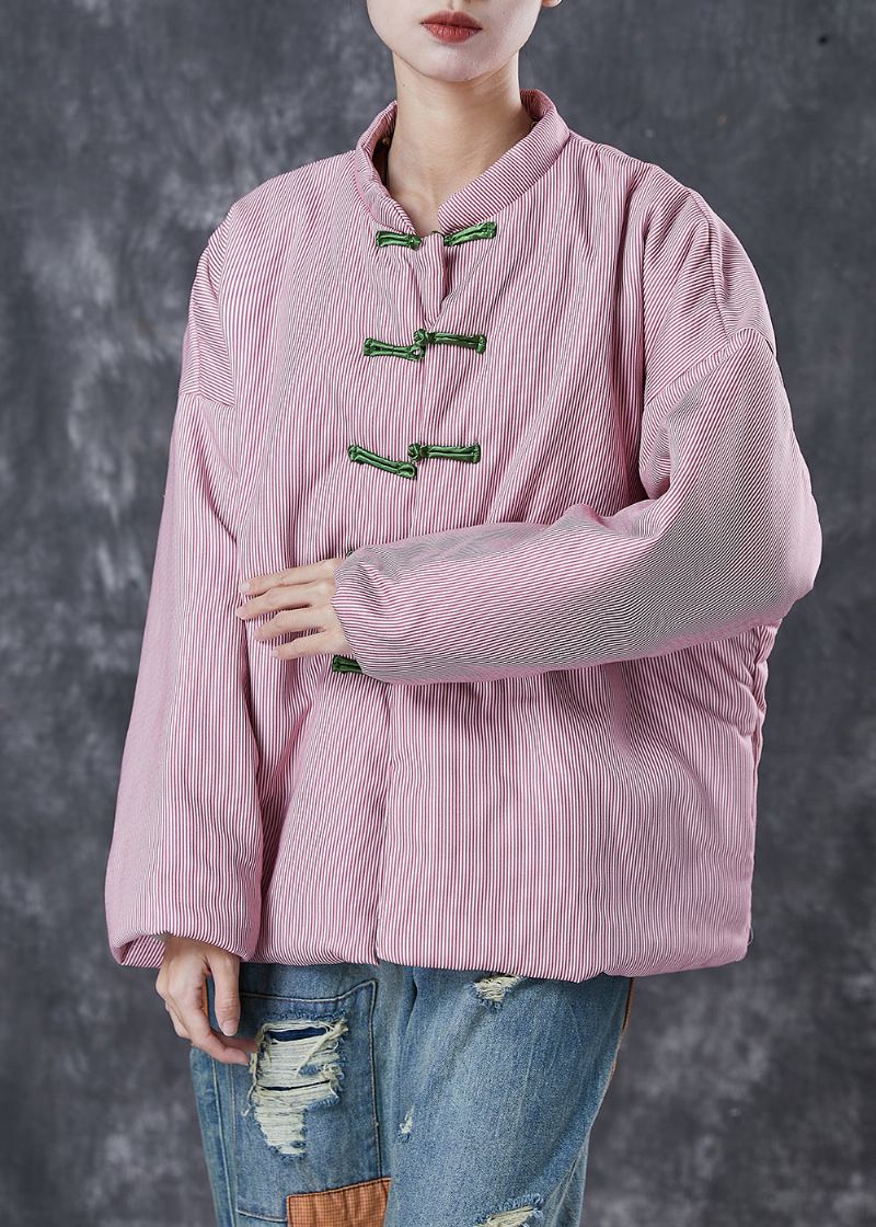 Vintage Roze Oversized Gestreepte Fijne Katoenen Gevulde Jas Winter - Dames winterjassen