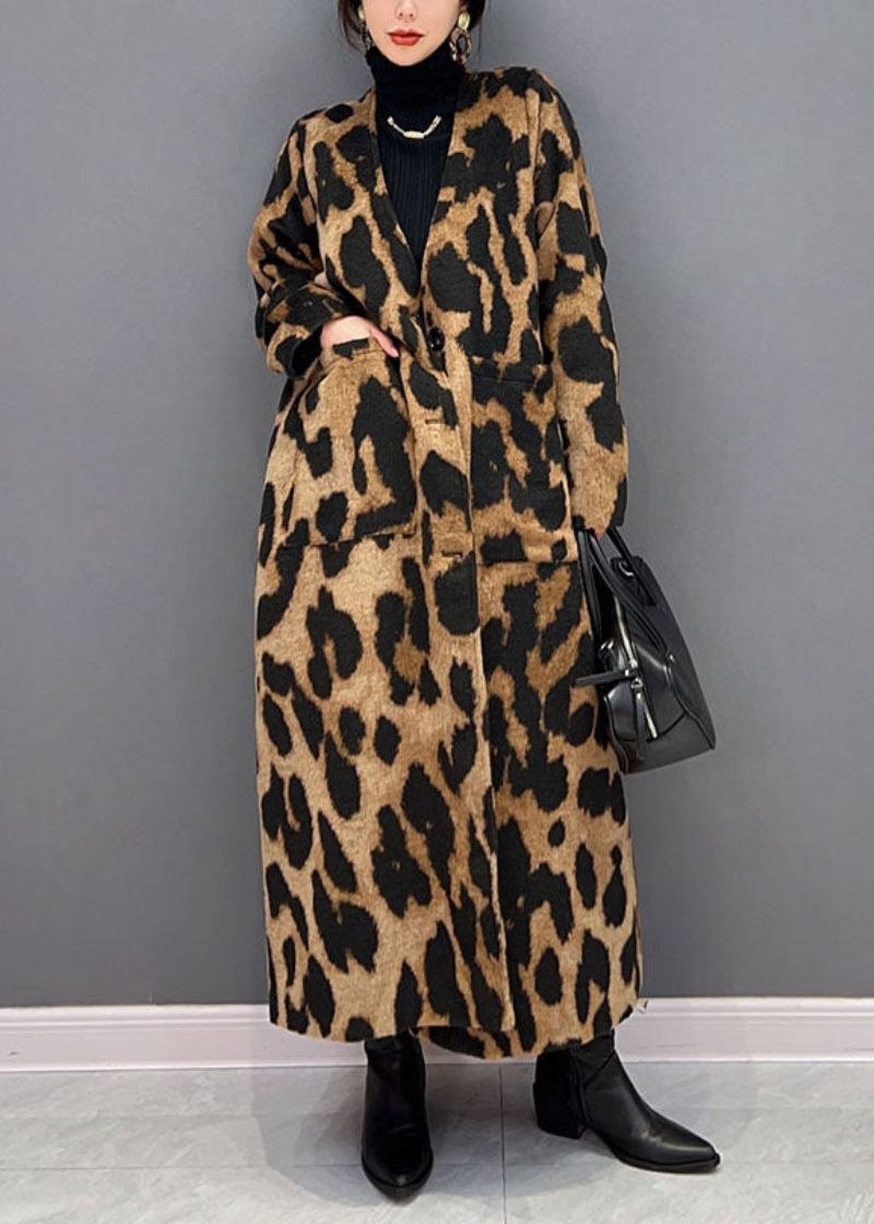 Vogue Chocolade V-hals Oversized Luipaardprint Ma Hai Mao Lange Jas Winter - Dames winterjassen