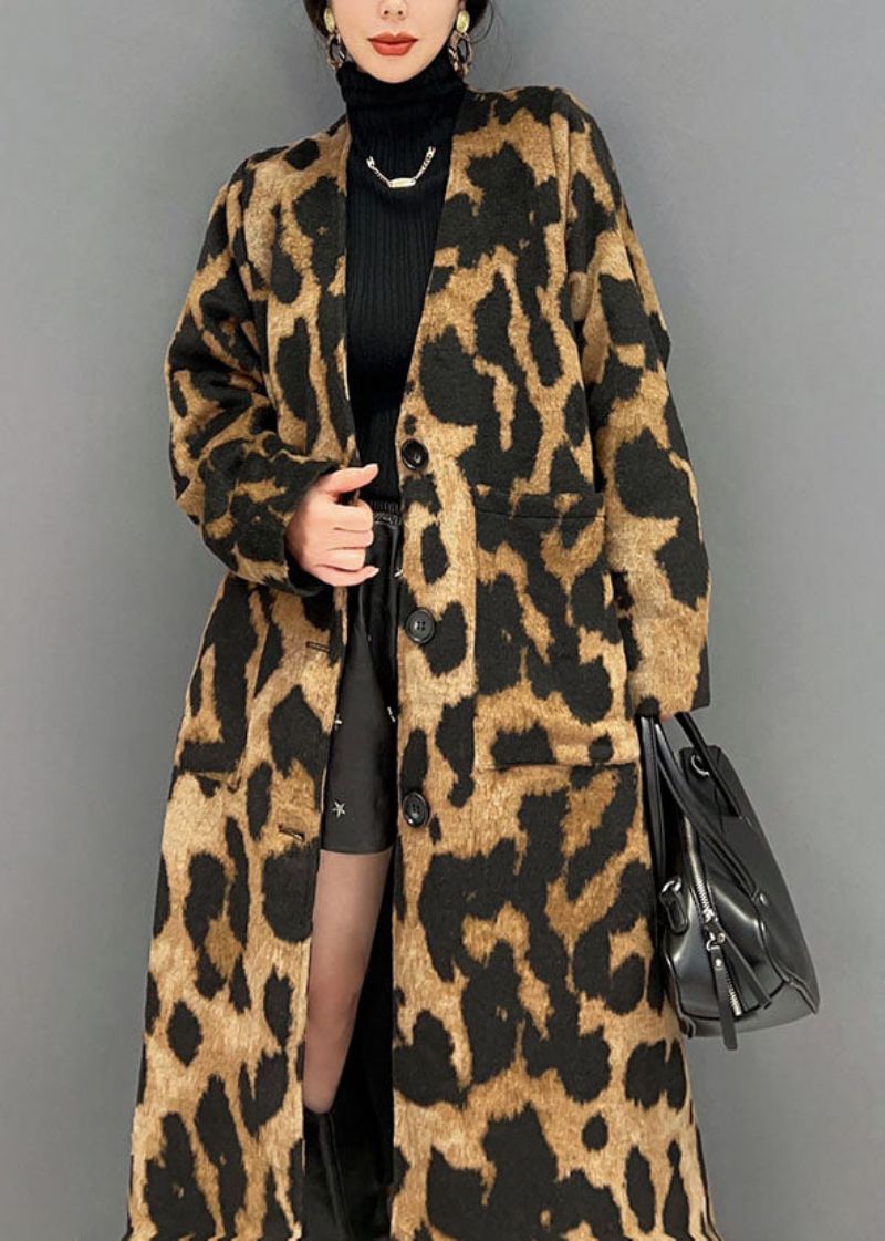 Vogue Chocolade V-hals Oversized Luipaardprint Ma Hai Mao Lange Jas Winter - Dames winterjassen