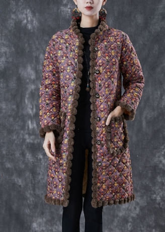 Warme Fleecejas Met Paarse Print En Oversized Opstaande Kraag Winter